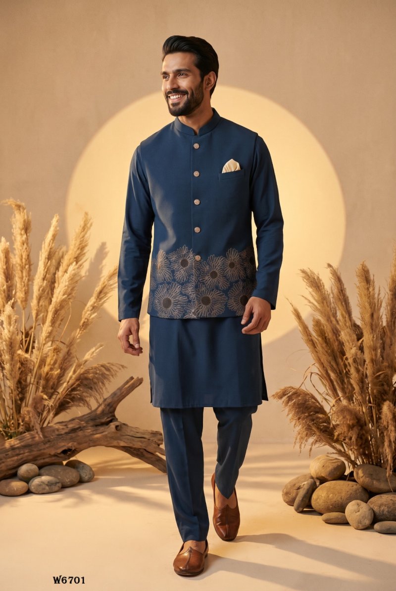 Blue Outluk Wedding Vol 67 Soft Silk Modi Jacket Kurta Pajama W6701